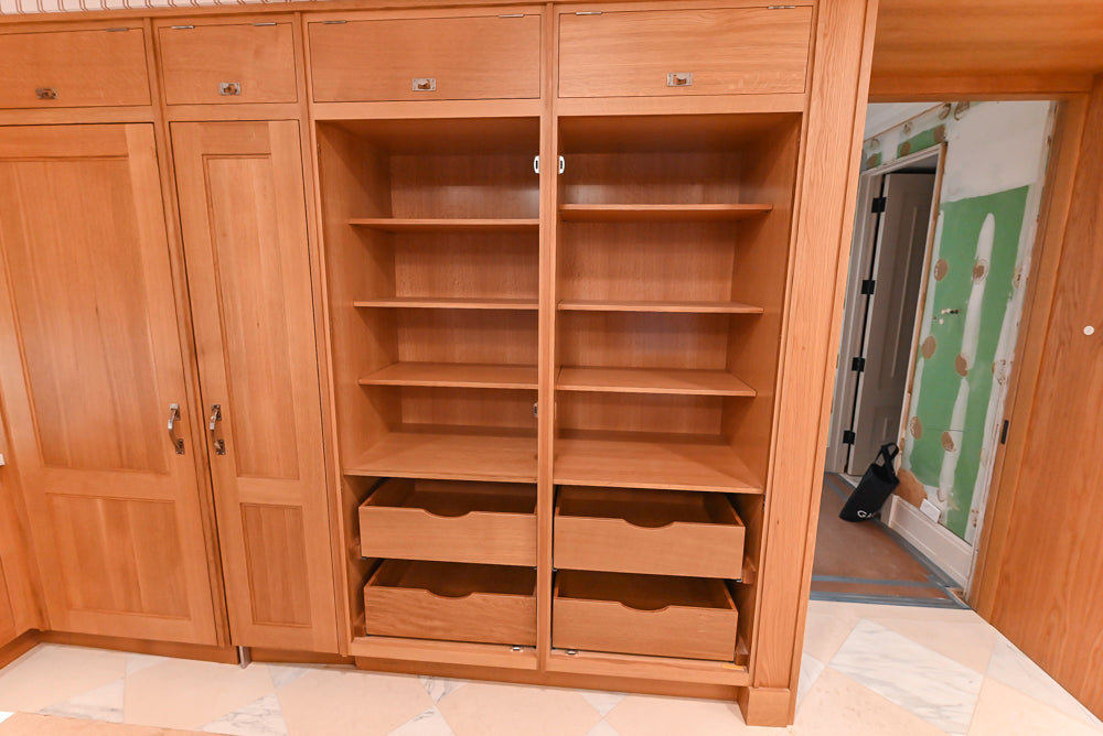 Christopher Peacock Transitional Wooden Kitchen with Waterfall Island and Marble Countertops