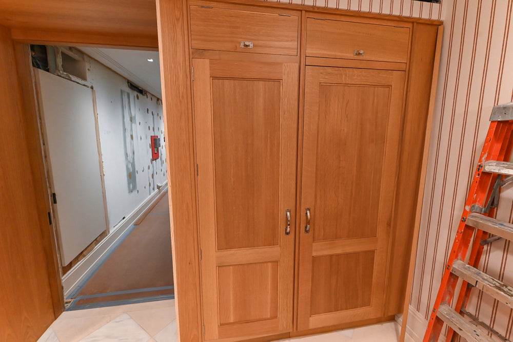 Christopher Peacock Transitional Wooden Kitchen with Waterfall Island and Marble Countertops