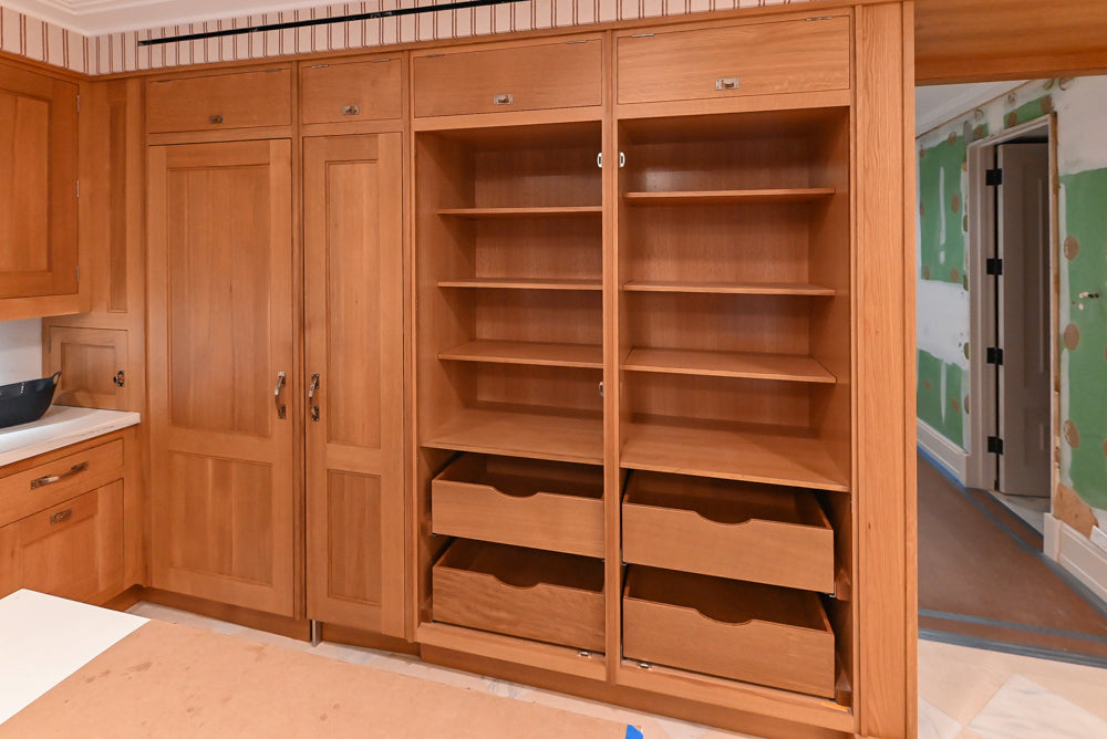 Christopher Peacock Transitional Wooden Pre-Owned Kitchen with Waterfall Island and Marble Countertops