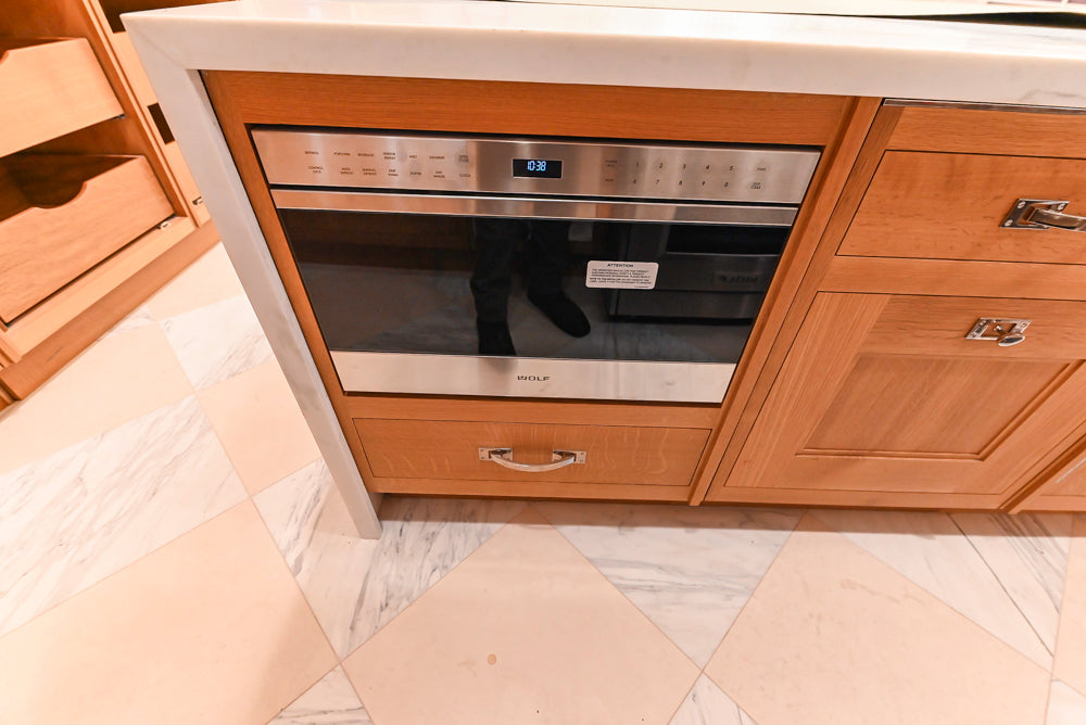Christopher Peacock Transitional Wooden Kitchen with Waterfall Island and Marble Countertops