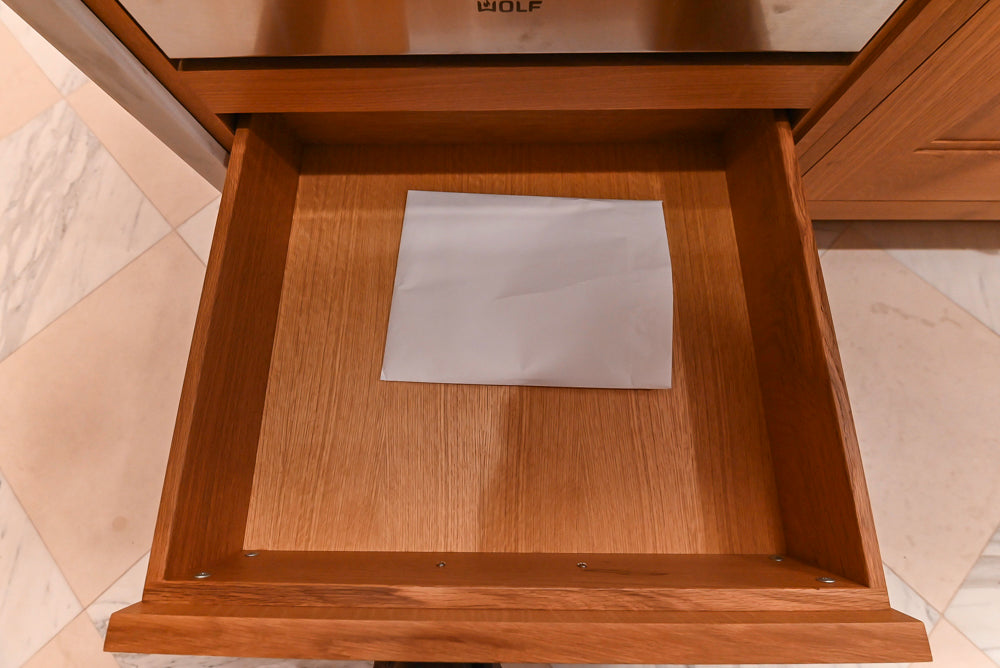 Christopher Peacock Transitional Wooden Kitchen with Waterfall Island and Marble Countertops