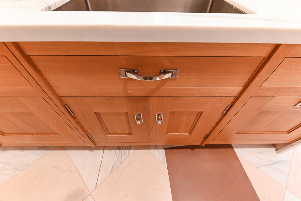 Christopher Peacock Transitional Wooden Kitchen with Waterfall Island and Marble Countertops