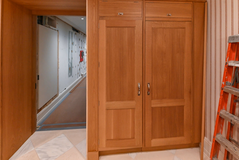 Christopher Peacock Transitional Wooden Pre-Owned Kitchen with Waterfall Island and Marble Countertops