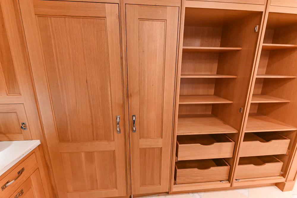Christopher Peacock Transitional Wooden Kitchen with Waterfall Island and Marble Countertops