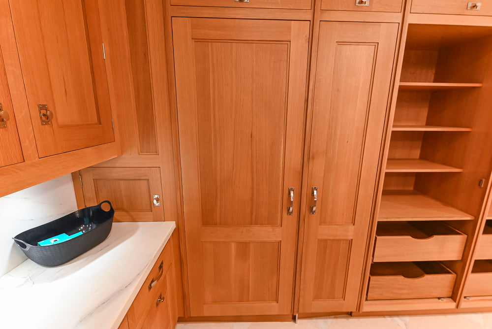 Christopher Peacock Transitional Wooden Kitchen with Waterfall Island and Marble Countertops