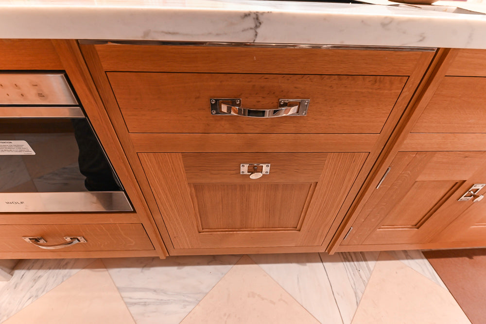 Christopher Peacock Transitional Wooden Kitchen with Waterfall Island and Marble Countertops
