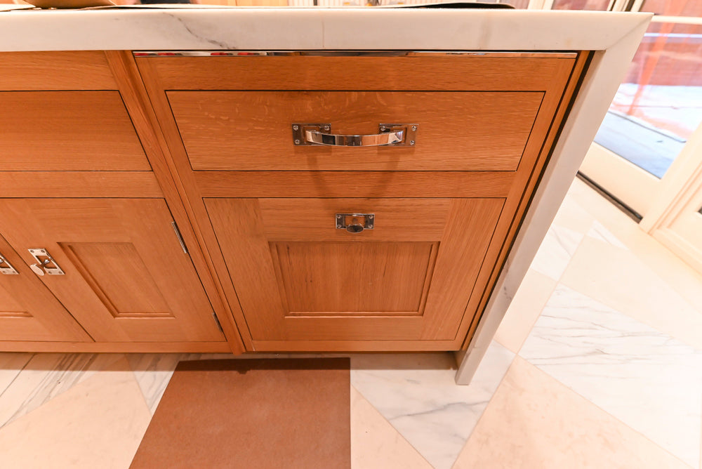 Christopher Peacock Transitional Wooden Kitchen with Waterfall Island and Marble Countertops
