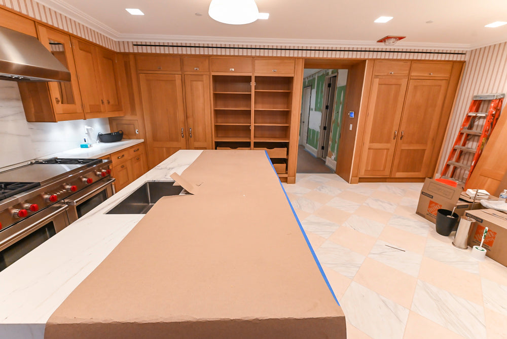 Christopher Peacock Transitional Wooden Pre-Owned Kitchen with Waterfall Island and Marble Countertops
