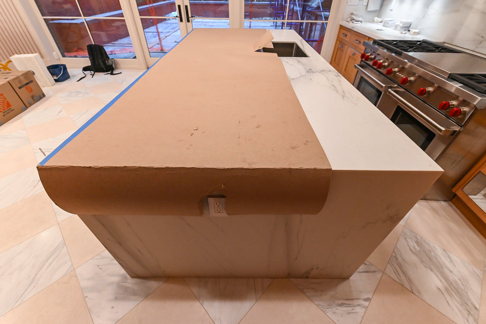 Christopher Peacock Transitional Wooden Pre-Owned Kitchen with Waterfall Island and Marble Countertops