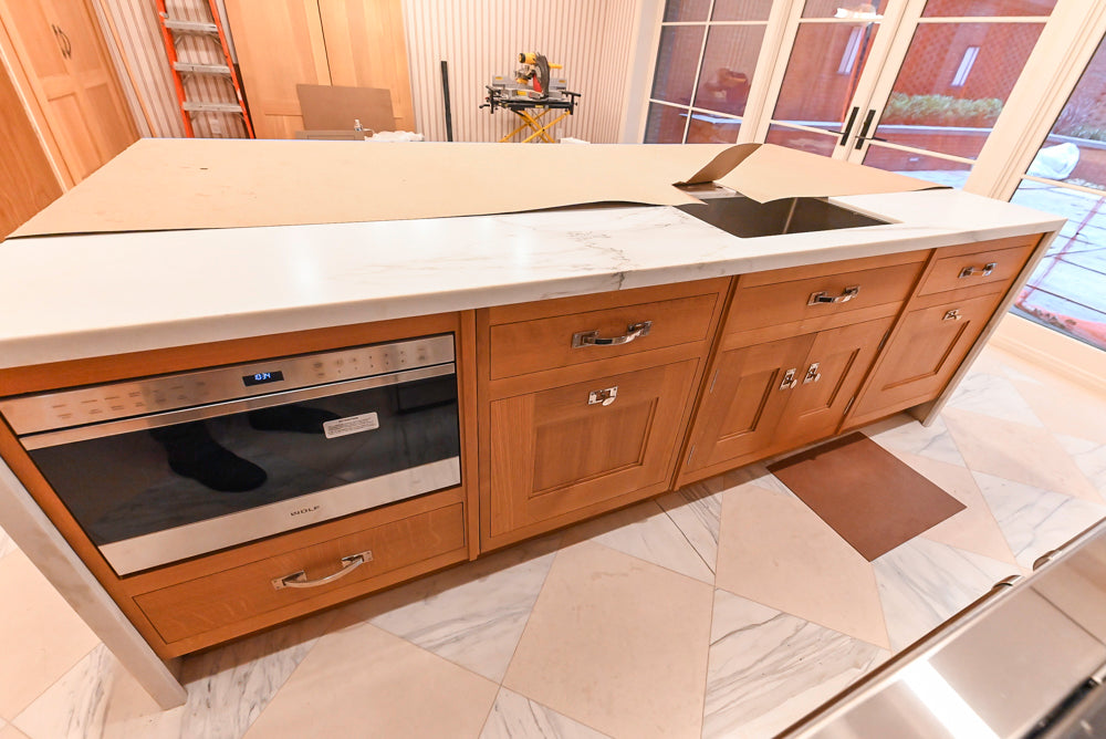 Christopher Peacock Transitional Wooden Pre-Owned Kitchen with Waterfall Island and Marble Countertops