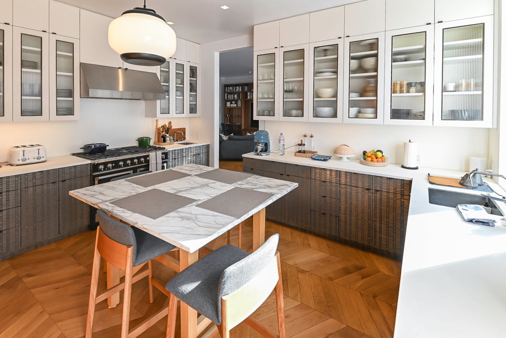 "The Maison Moderne" Kitchen with La Cornue CornuFé 110 Range and Marble Top Table