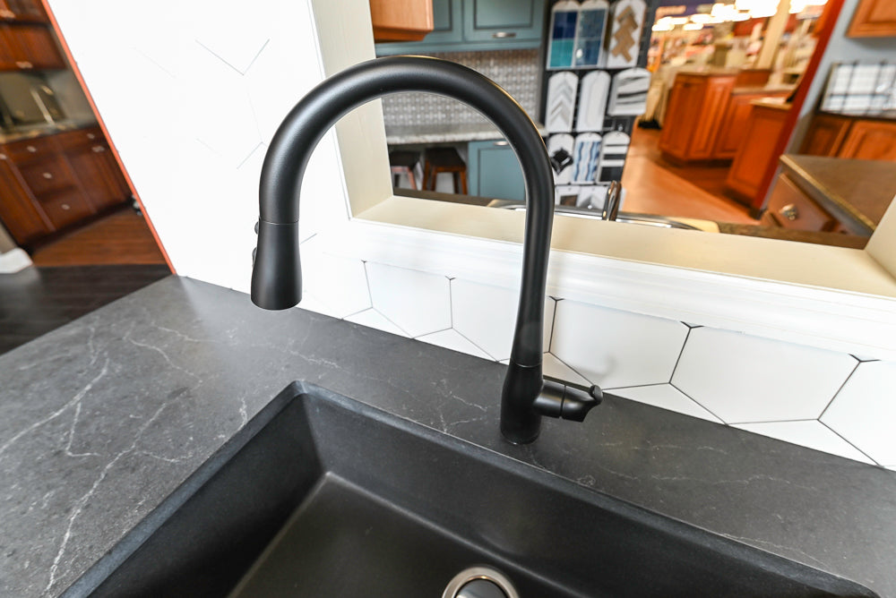 Merillat Transitional White Butler's Pantry with Black Soapstone Countertops and Sink & Faucet