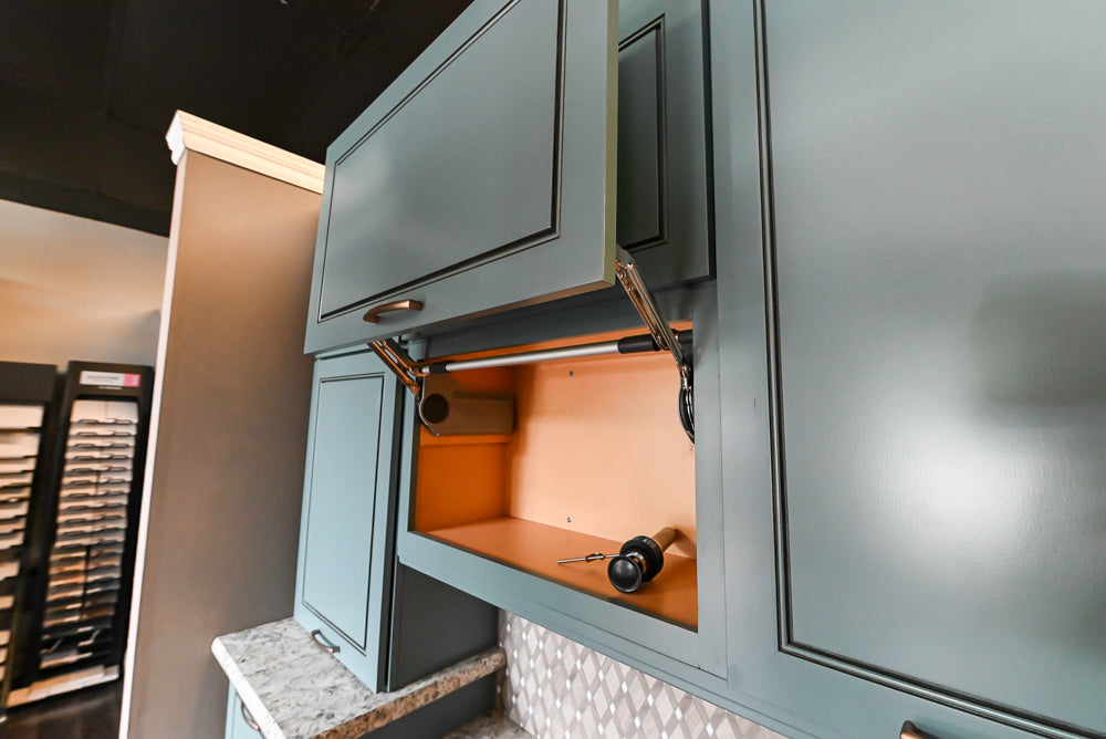 Custom Transitional Wooden Teal Side Pantry & Coffee Station