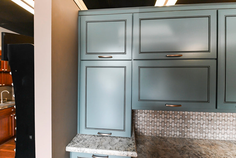 Custom Transitional Wooden Teal Side Pantry & Coffee Station
