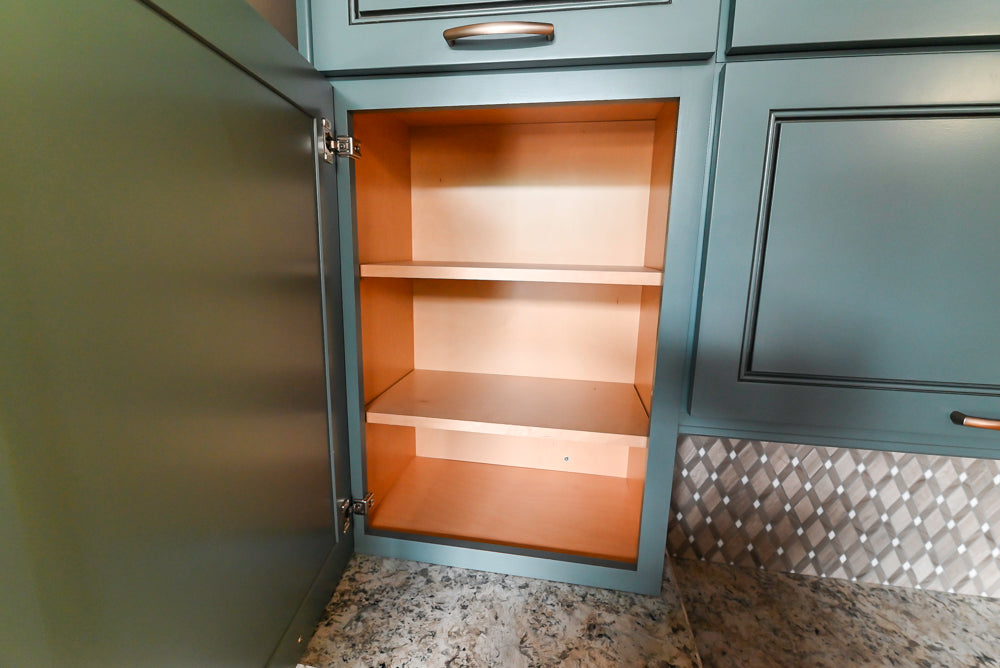 Custom Transitional Wooden Teal Side Pantry & Coffee Station