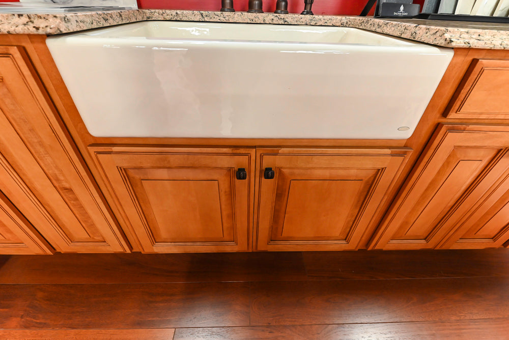 Decora Traditional Wooden Partial Kitchen with Island, Granite Countertops and Kohler Cast Iron Farmhouse Sink
