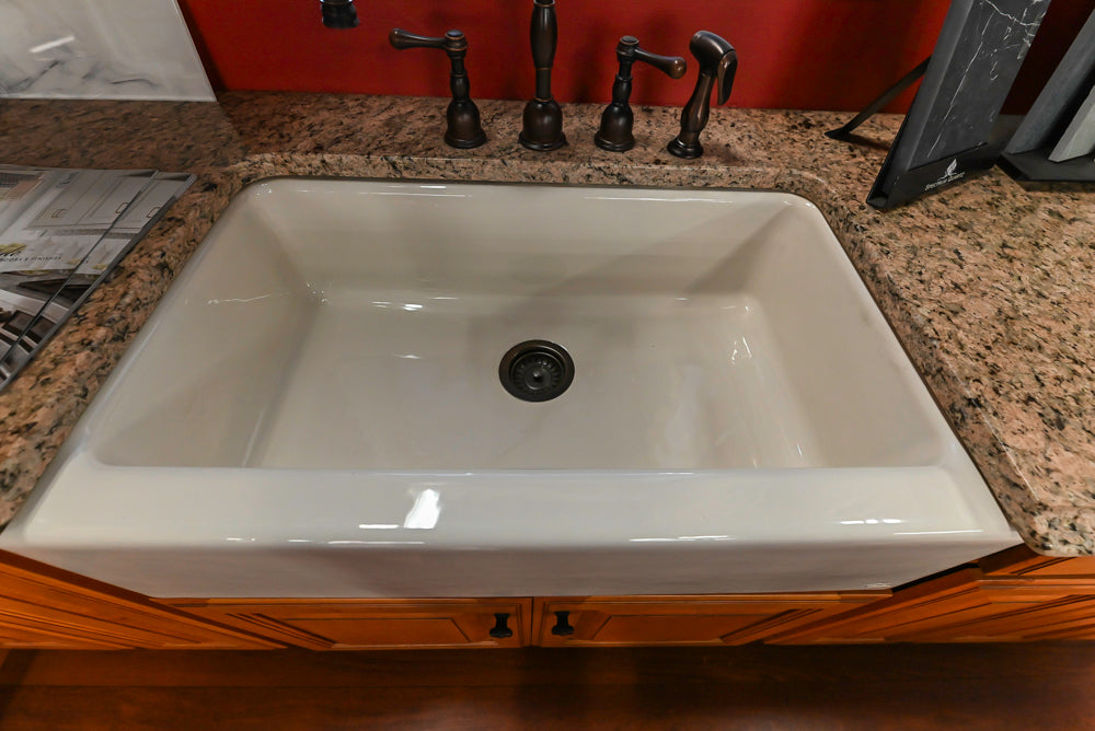 Decora Traditional Wooden Partial Kitchen with Island, Granite Countertops and Kohler Cast Iron Farmhouse Sink
