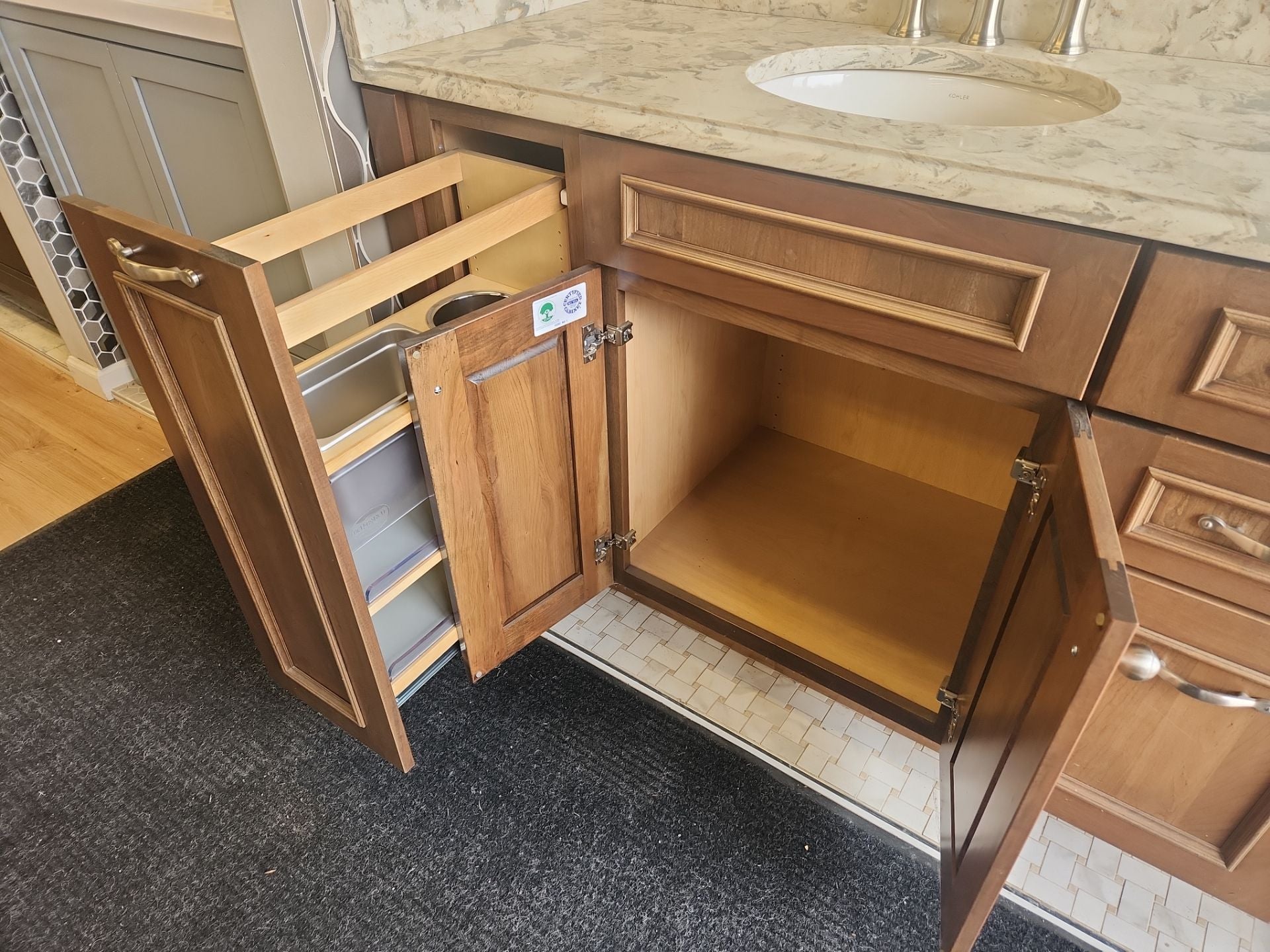Complete 55" wood bathroom vanity with integrated stone countertop and faucet
