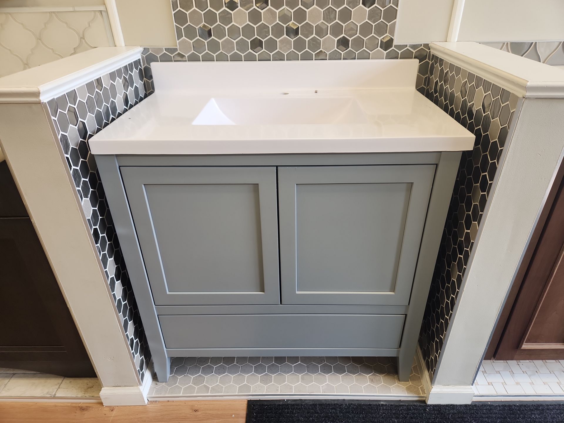 Custom 37 inch grey transitional freestanding vanity with countertop and sink