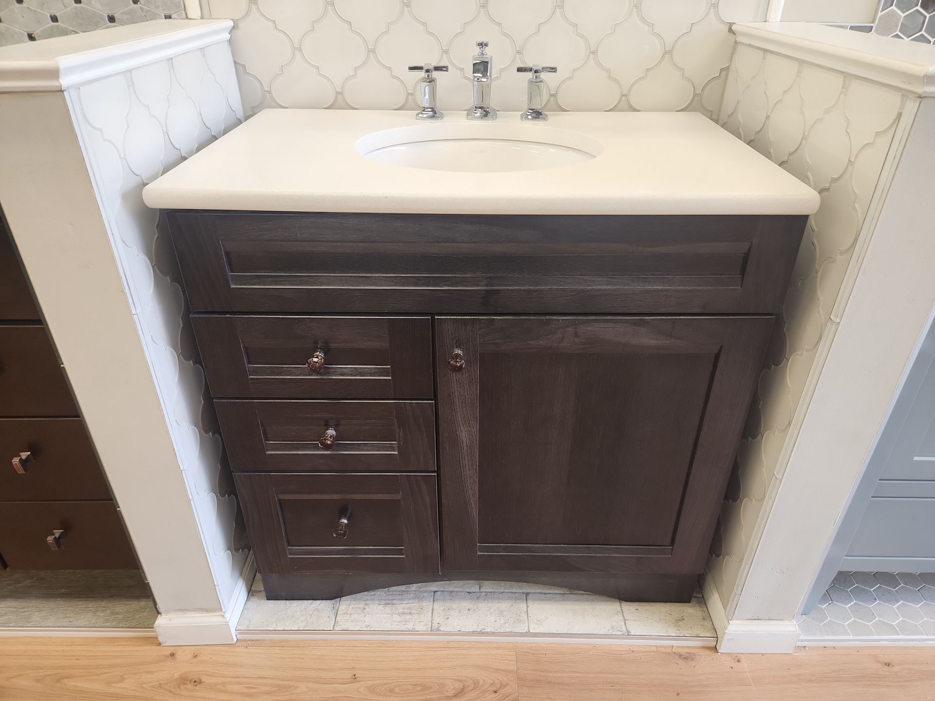 Merillat 36 inch Laredo Slate Hickory freestanding vanity with countertop and sink