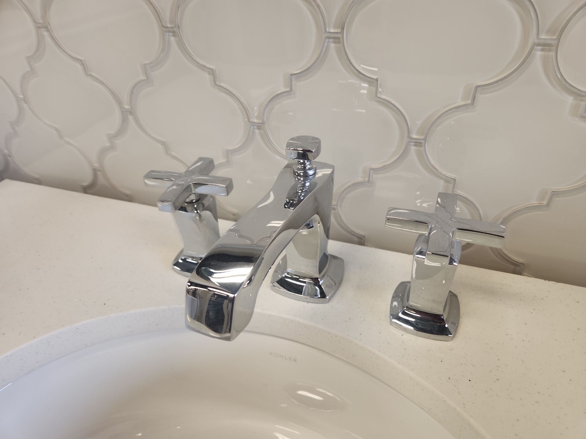 Complete 36" wood bathroom vanity with integrated stone top and faucet hardware