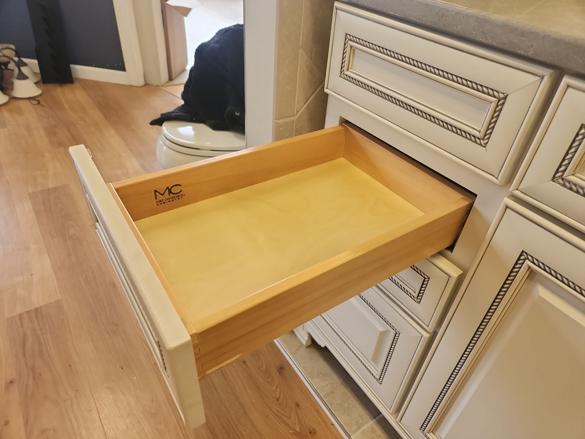 Complete 59" light cream bathroom vanity with integrated stone countertop and faucet