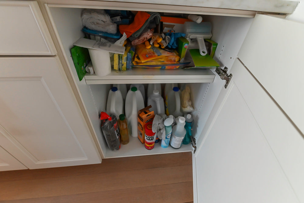 Open cabinet with various cleaning supplies and products inside