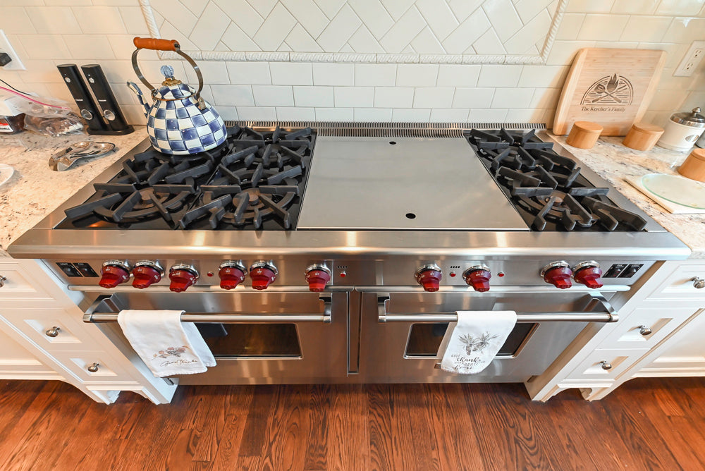 "The Berkley" Transitional White Kitchen with Island and 60" Wolf Range