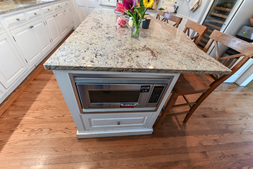 "The Radcliffe" Traditional White Kitchen with Island, Granite Countertops and Appliances