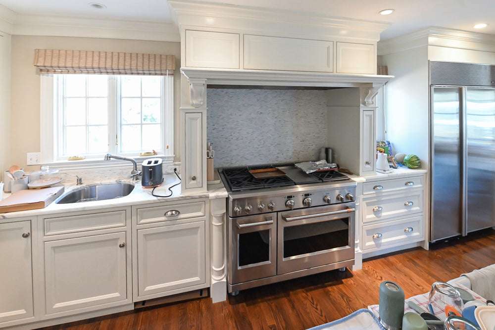 Plain & Fancy Traditional White Kitchen with Island, Marble Countertops & Appliances