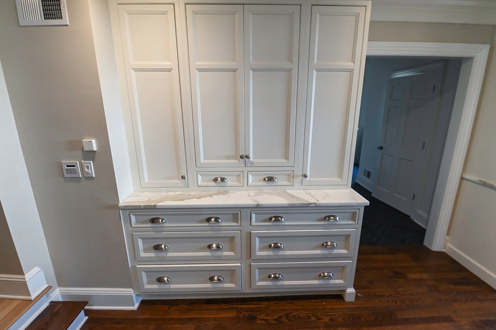 Plain & Fancy Traditional White Kitchen with Island, Marble Countertops & Appliances