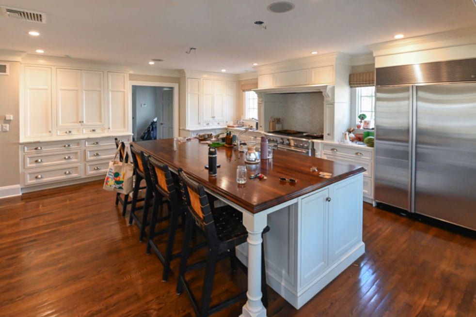 Plain & Fancy Traditional White Kitchen with Island, Marble Countertops & Appliances