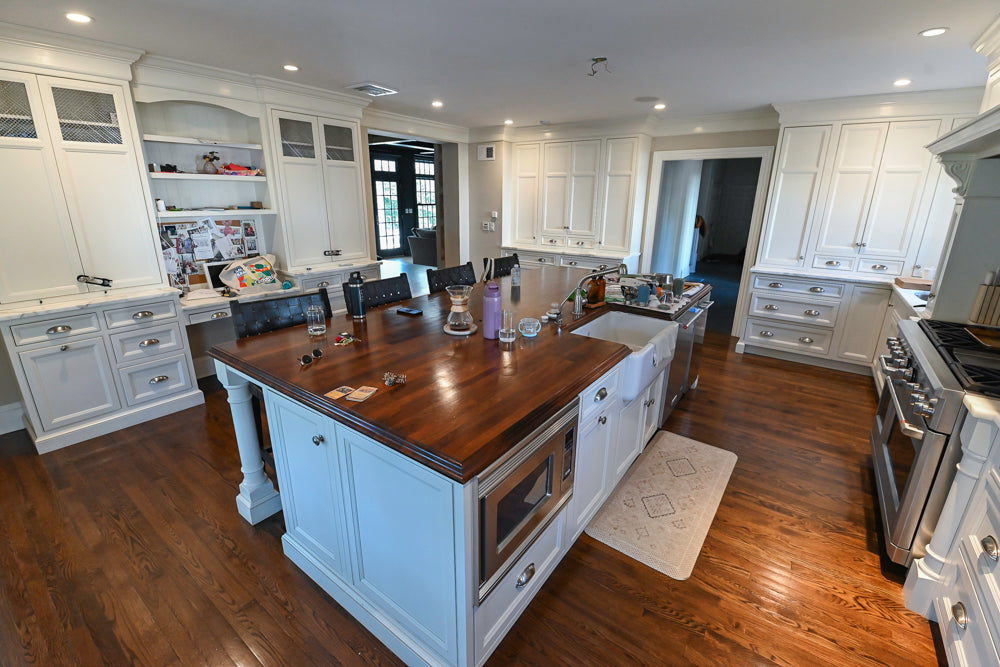 Plain & Fancy Traditional White Kitchen with Island, Marble Countertops & Appliances