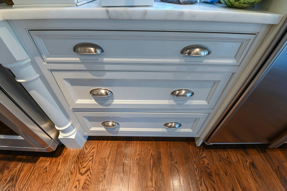 Plain & Fancy Traditional White Kitchen with Island, Marble Countertops & Appliances