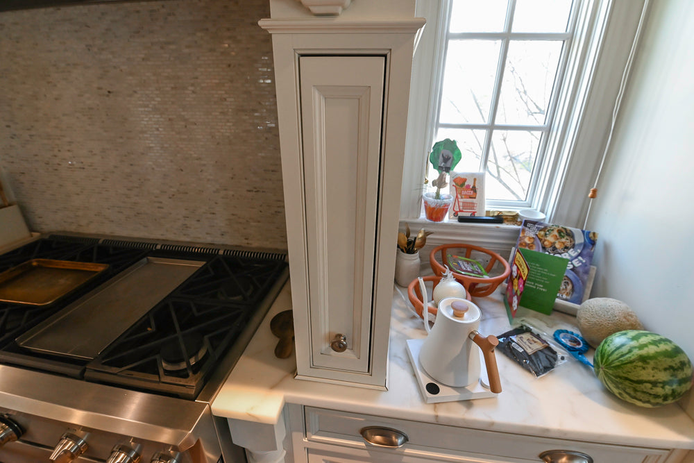 Plain & Fancy Traditional White Kitchen with Island, Marble Countertops & Appliances