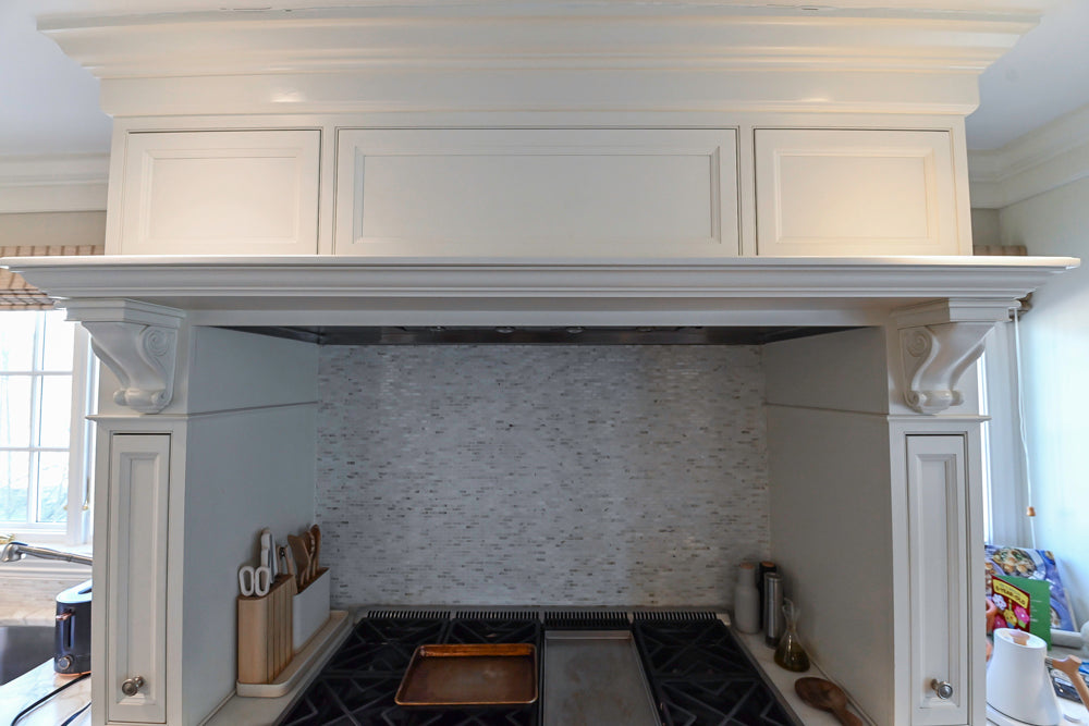 Plain & Fancy Traditional White Kitchen with Island, Marble Countertops & Appliances