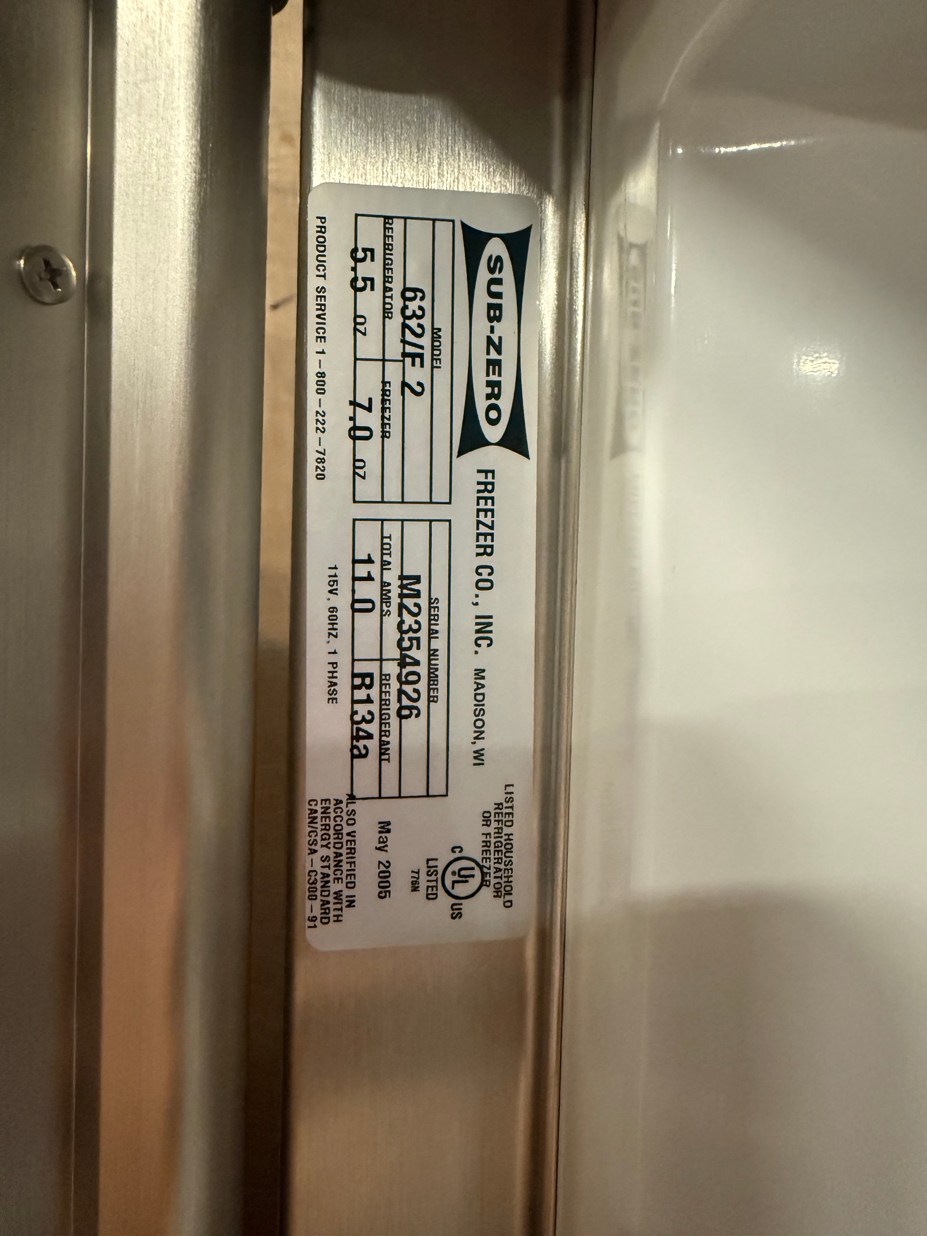 Sub-Zero 632/F 48" Stainless Steel Side by Side Refrigerator