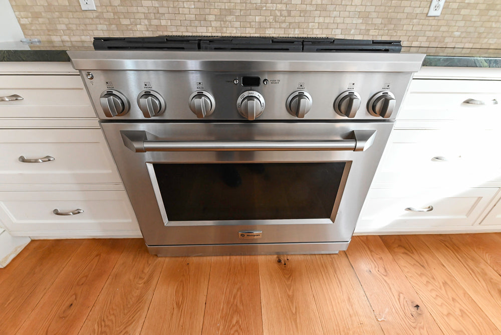 “The Providence” Custom Traditional White Kitchen with Wood Top Island & Monogram Appliances
