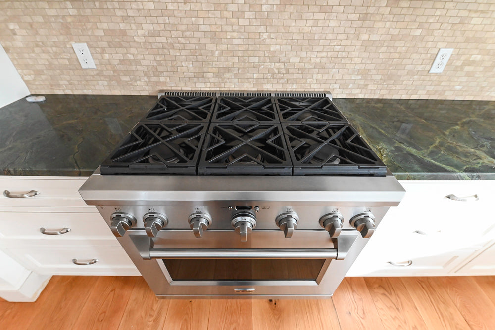 “The Providence” Custom Traditional White Kitchen with Wood Top Island & Monogram Appliances