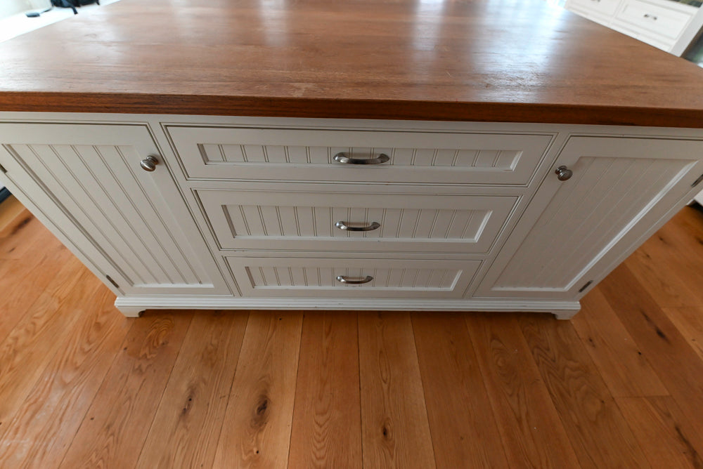 “The Providence” Custom Traditional White Kitchen with Wood Top Island & Monogram Appliances