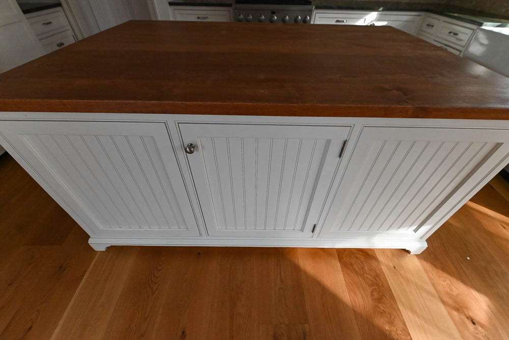 “The Providence” Custom Traditional White Kitchen with Wood Top Island & Monogram Appliances