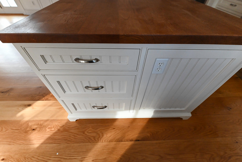 “The Providence” Custom Traditional White Kitchen with Wood Top Island & Monogram Appliances