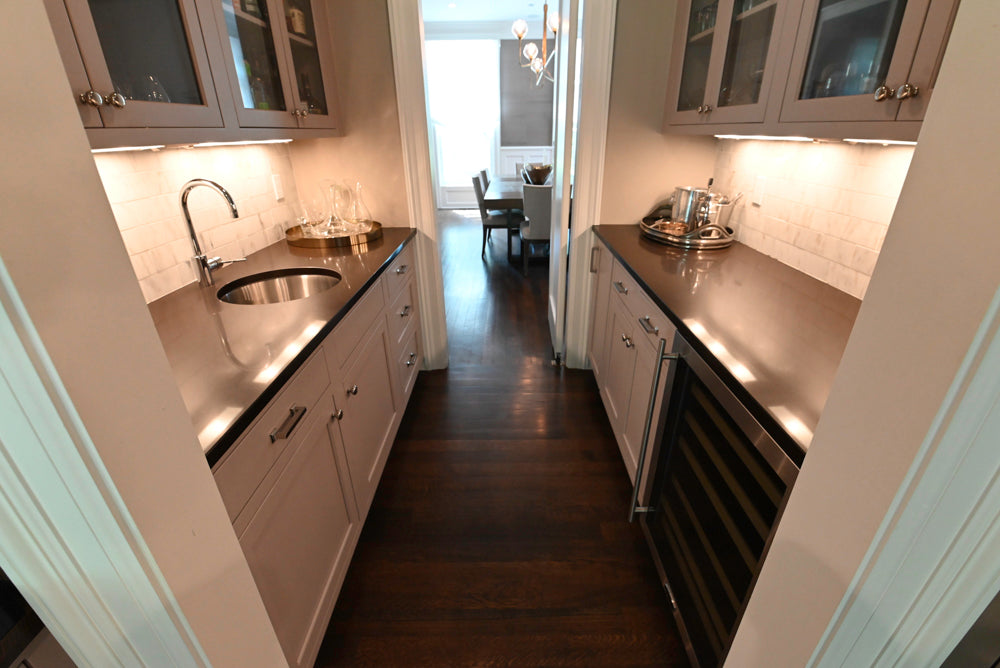 Plain and Fancy custom transitional butler pantry suite front view in Repose Gray