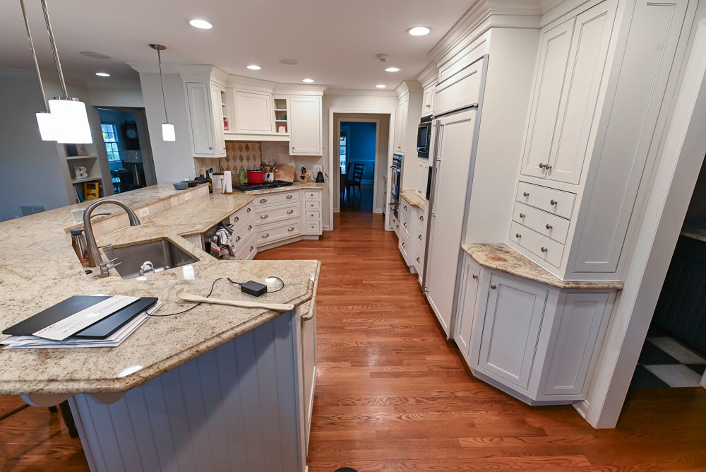 Plain & Fancy White Kitchen with Side Pantry & Appliances