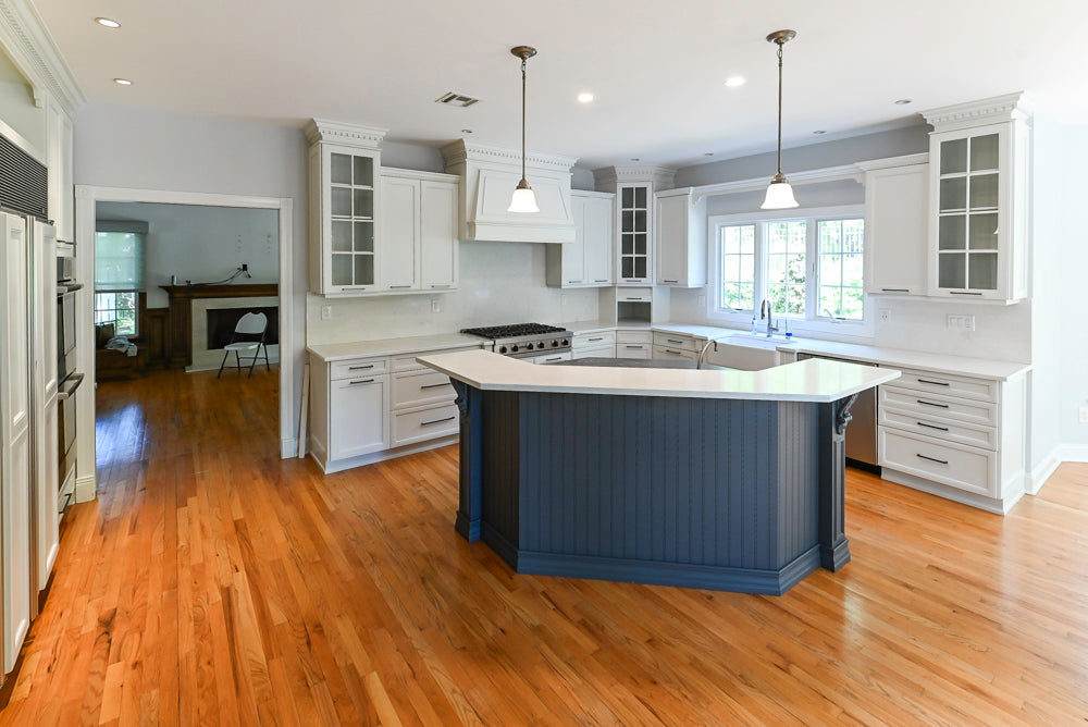 "The Montgomery" Transitional White Kitchen with Blue Island & Appliances