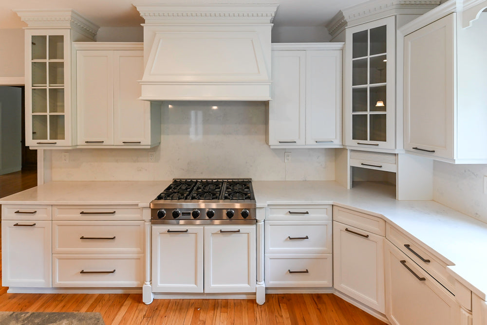 "The Montgomery" Transitional White Kitchen with Blue Island & Appliances
