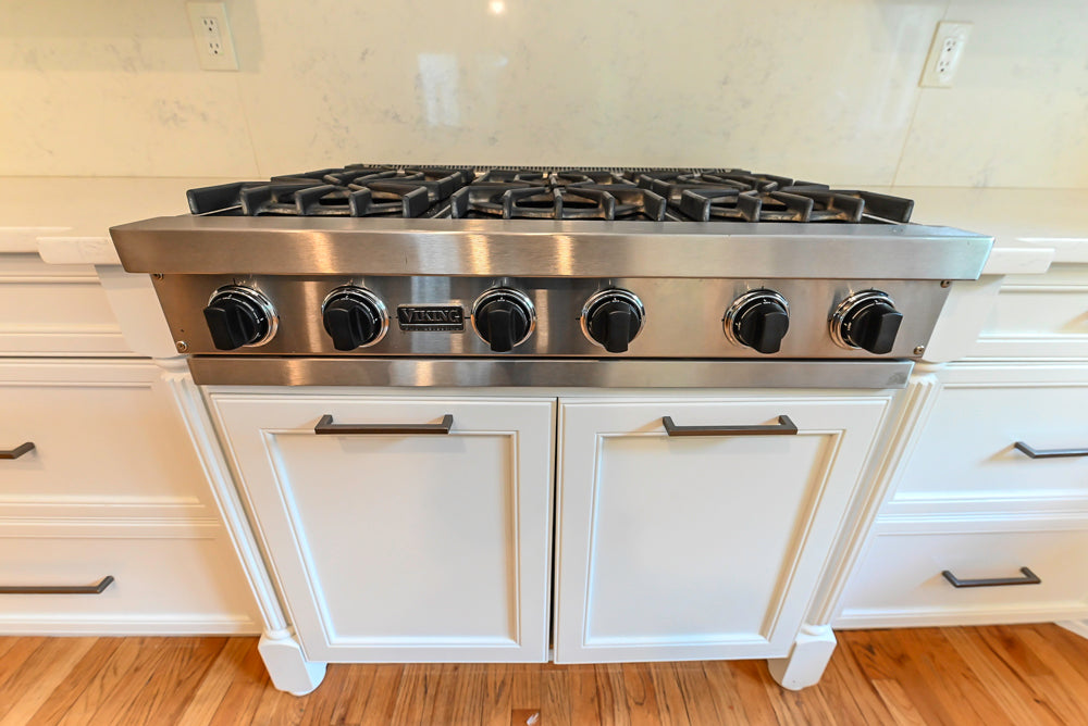 "The Montgomery" Transitional White Kitchen with Blue Island & Appliances