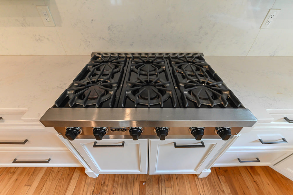 "The Montgomery" Transitional White Kitchen with Blue Island & Appliances