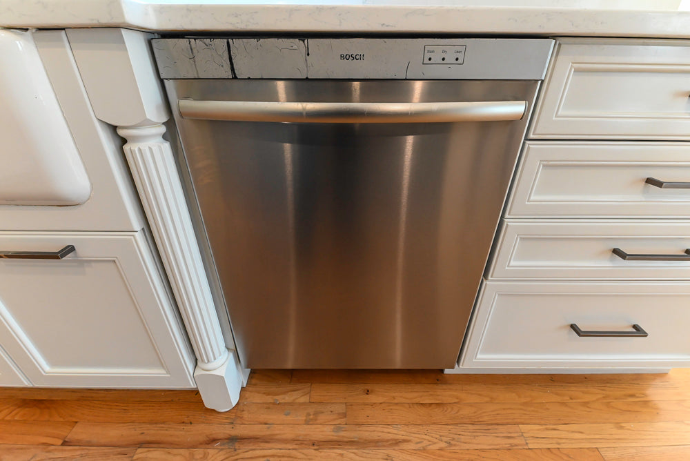 "The Montgomery" Transitional White Kitchen with Blue Island & Appliances