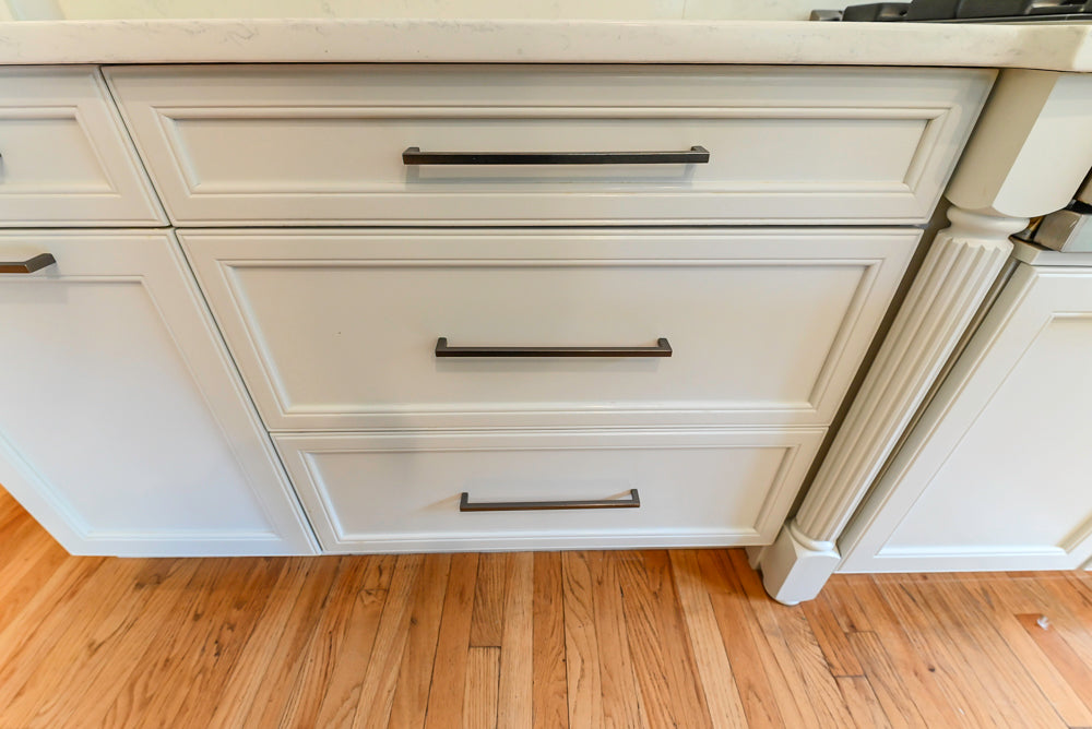 "The Montgomery" Transitional White Kitchen with Blue Island & Appliances